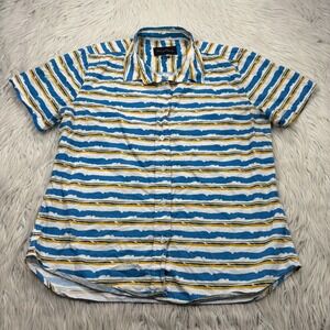 Wildfang Women's L Essential Button Up Painterly Stripe Blue Yellow White Green